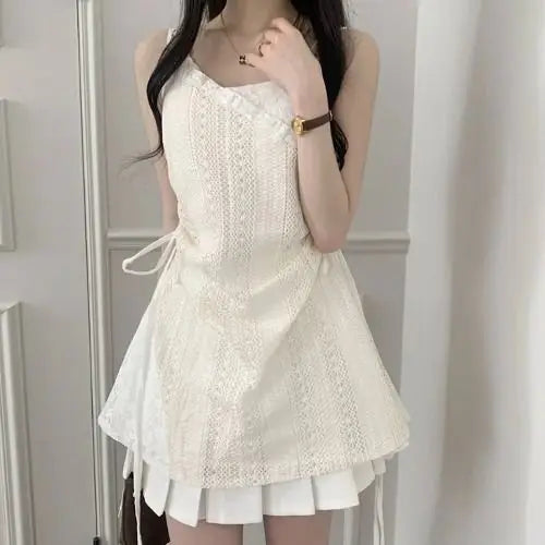Hot Girl Coreano Stile Coulisse Vita Pizzo Corto Abiti con Bretelle + Top Sottoveste Sottogiacca Bianco Due Pezzi