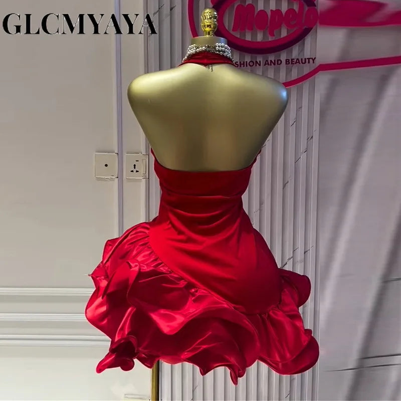 GLCMYAYA Abito estivo da donna senza maniche con scollo all'americana e balze a trapezio, mini-midi da ballo, 2025, per vacanze e feste