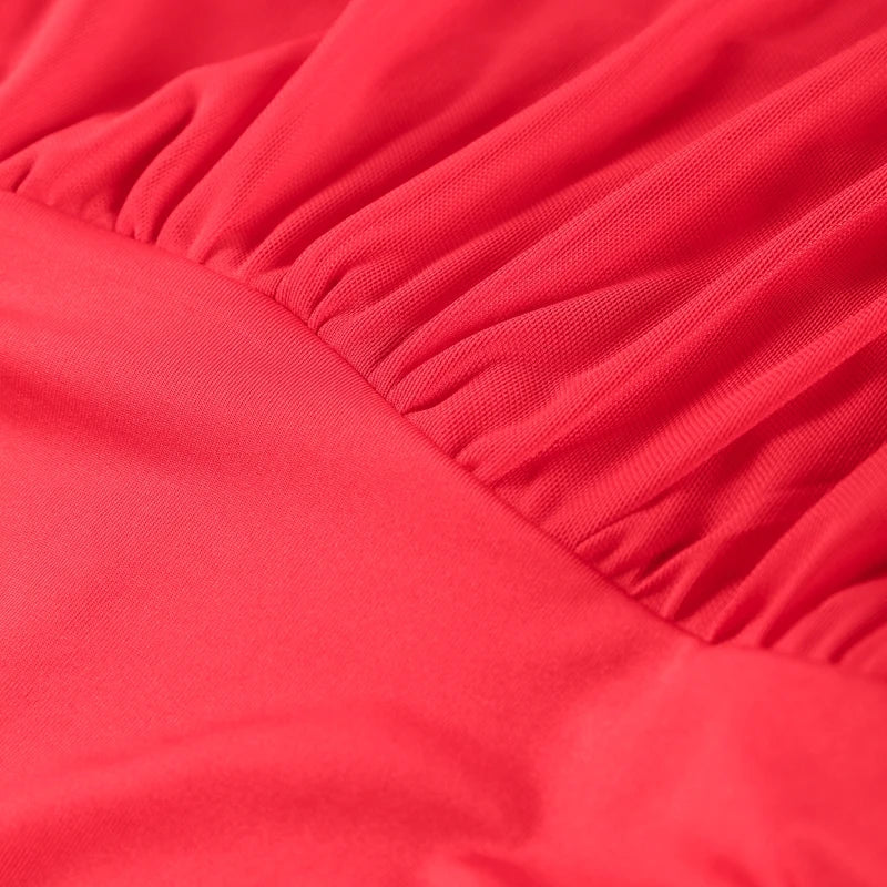Abito Lungo da Sera Rosso Pieghettato Chic Elegante Abito Lungo Estivo da Donna con Maniche a Volant e Patchwork in Rete per Feste e Vacanze in Spiaggia