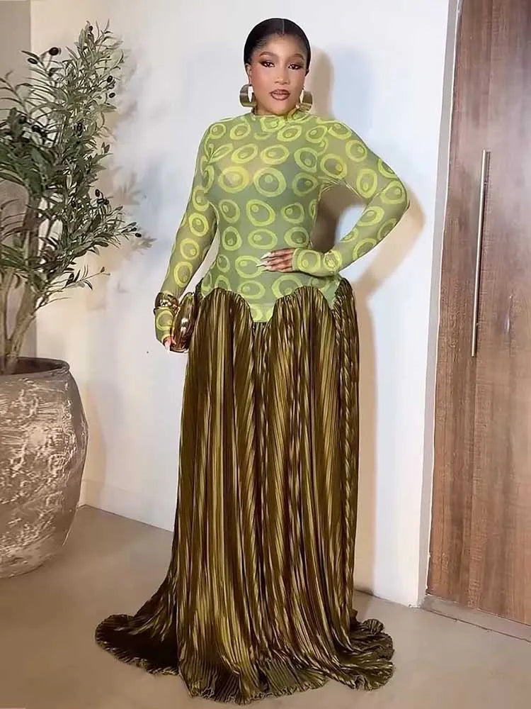 Eleganti Abiti Verde Oliva a Vita Alta Abito Lungo a Maniche Lunghe da Donna per Feste Serate Abito Plissettato in Tessuto Elasticizzato