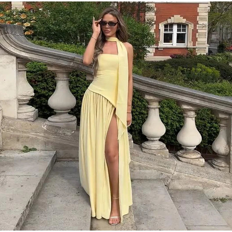 Elegante Abito Lungo con Nastro, Sciarpa Patchwork, Spacco Laterale, Abiti a Tubino per Donna, Top Estivi Gialli da Spiaggia, Abiti da Vacanza per Signora