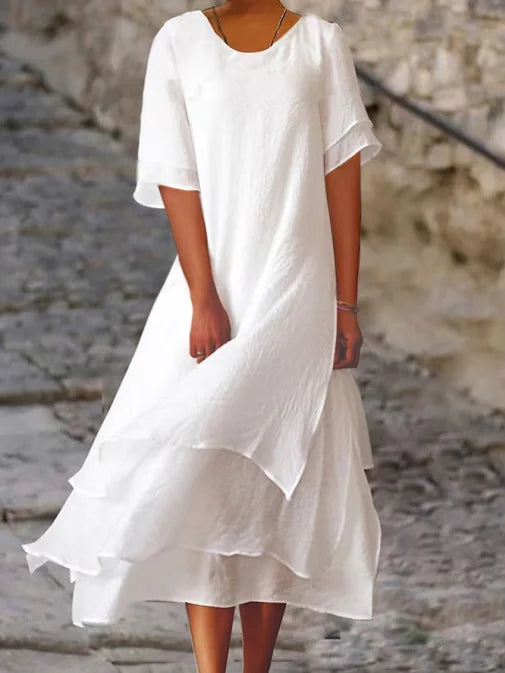 Frühling Sommer Mode Weißes langes unregelmäßiges Kleid für Damen V-Ausschnitt Halbarm Freizeit Urlaub Strandkleider für Damen Robe Femme