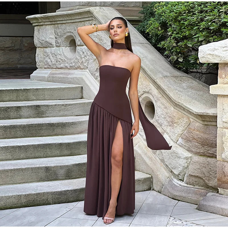 Elegante Abito Lungo con Nastro, Sciarpa Patchwork, Spacco Laterale, Abiti a Tubino per Donna, Top Estivi Gialli da Spiaggia, Abiti da Vacanza per Signora
