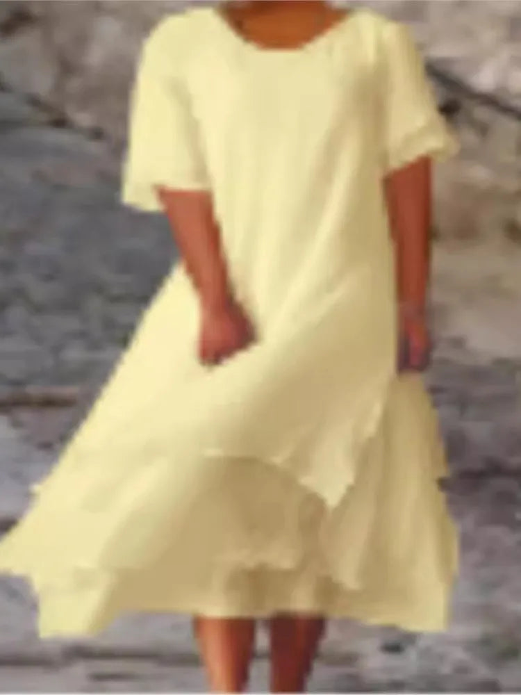Frühling Sommer Mode Weißes langes unregelmäßiges Kleid für Damen V-Ausschnitt Halbarm Freizeit Urlaub Strandkleider für Damen Robe Femme