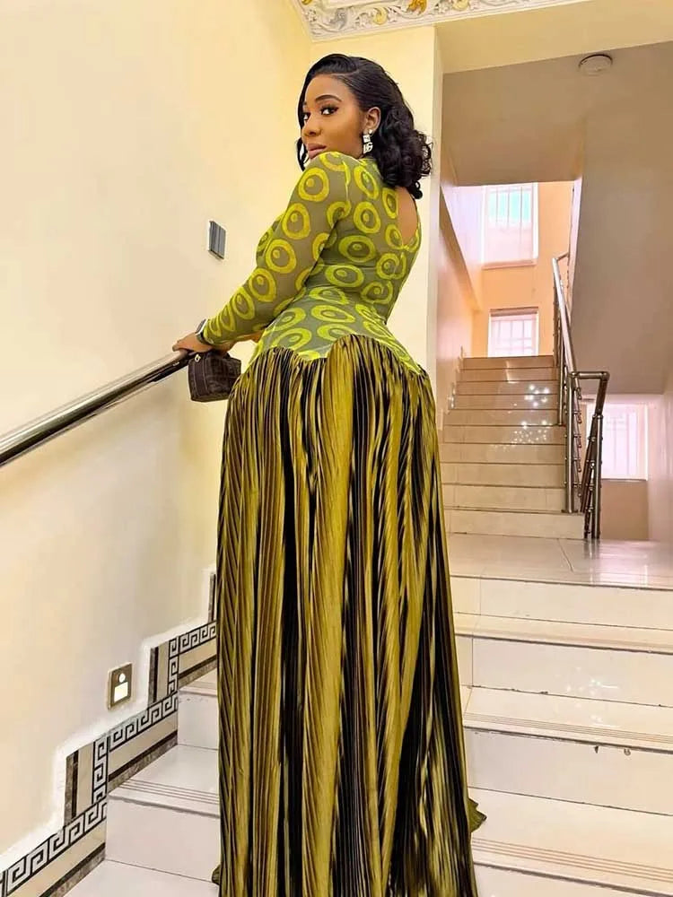 Eleganti Abiti Verde Oliva a Vita Alta Abito Lungo a Maniche Lunghe da Donna per Feste Serate Abito Plissettato in Tessuto Elasticizzato