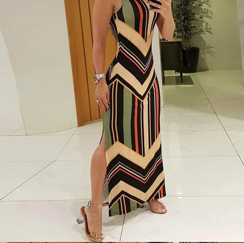 Abito lungo a righe colorate con spacco laterale, senza maniche, slim, stile streetwear estivo, Vestidos Para Mujer
