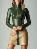 Abiti in ecopelle PU da donna, vestito corto a contrasto con cerniera a collo alto, abito elegante a maniche lunghe bodycon da donna, top streetwear