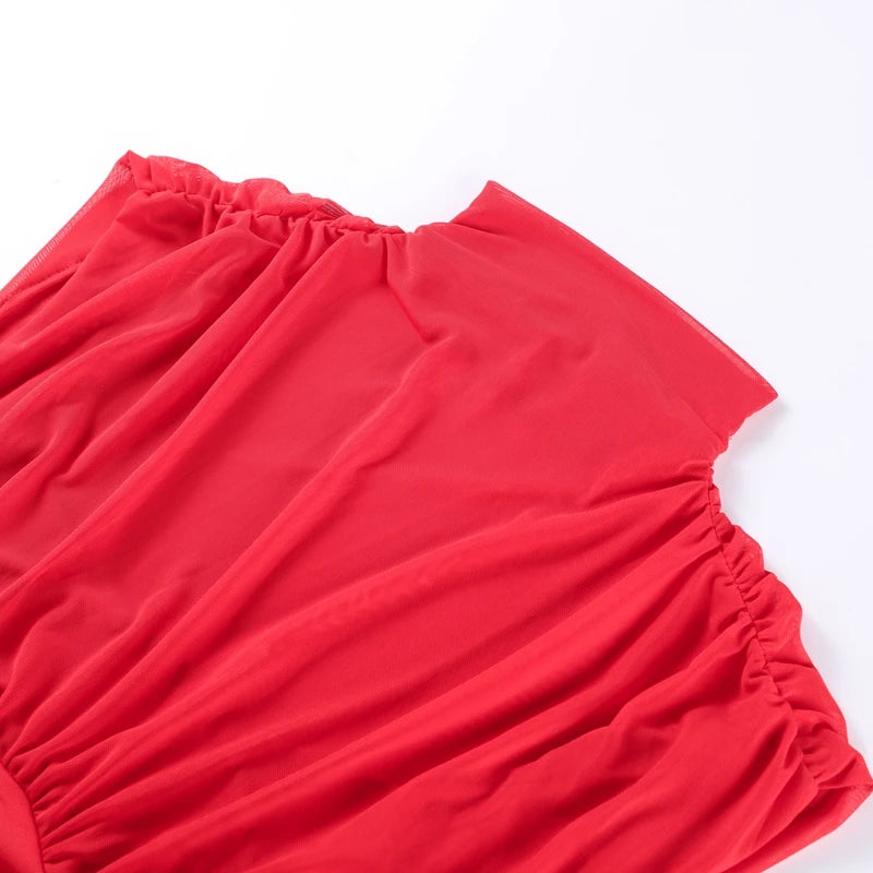 Abito Lungo da Sera Rosso Pieghettato Chic Elegante Abito Lungo Estivo da Donna con Maniche a Volant e Patchwork in Rete per Feste e Vacanze in Spiaggia