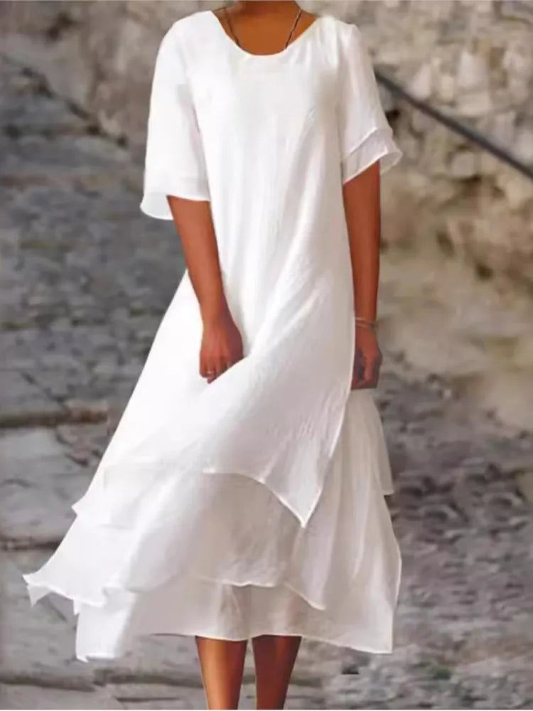 Frühling Sommer Mode Weißes langes unregelmäßiges Kleid für Damen V-Ausschnitt Halbarm Freizeit Urlaub Strandkleider für Damen Robe Femme