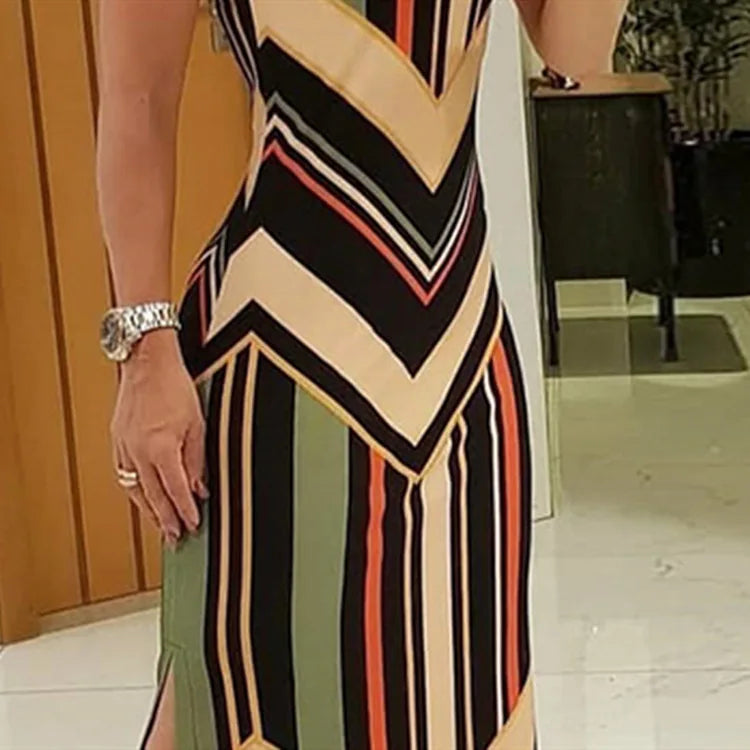 Abito lungo a righe colorate con spacco laterale, senza maniche, slim, stile streetwear estivo, Vestidos Para Mujer
