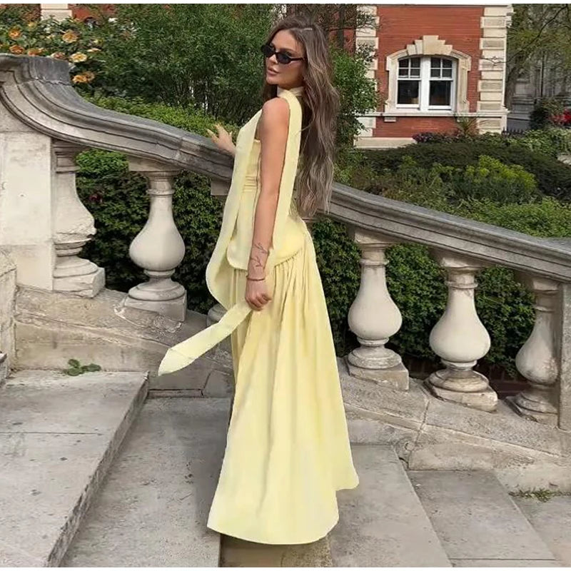 Elegante Abito Lungo con Nastro, Sciarpa Patchwork, Spacco Laterale, Abiti a Tubino per Donna, Top Estivi Gialli da Spiaggia, Abiti da Vacanza per Signora