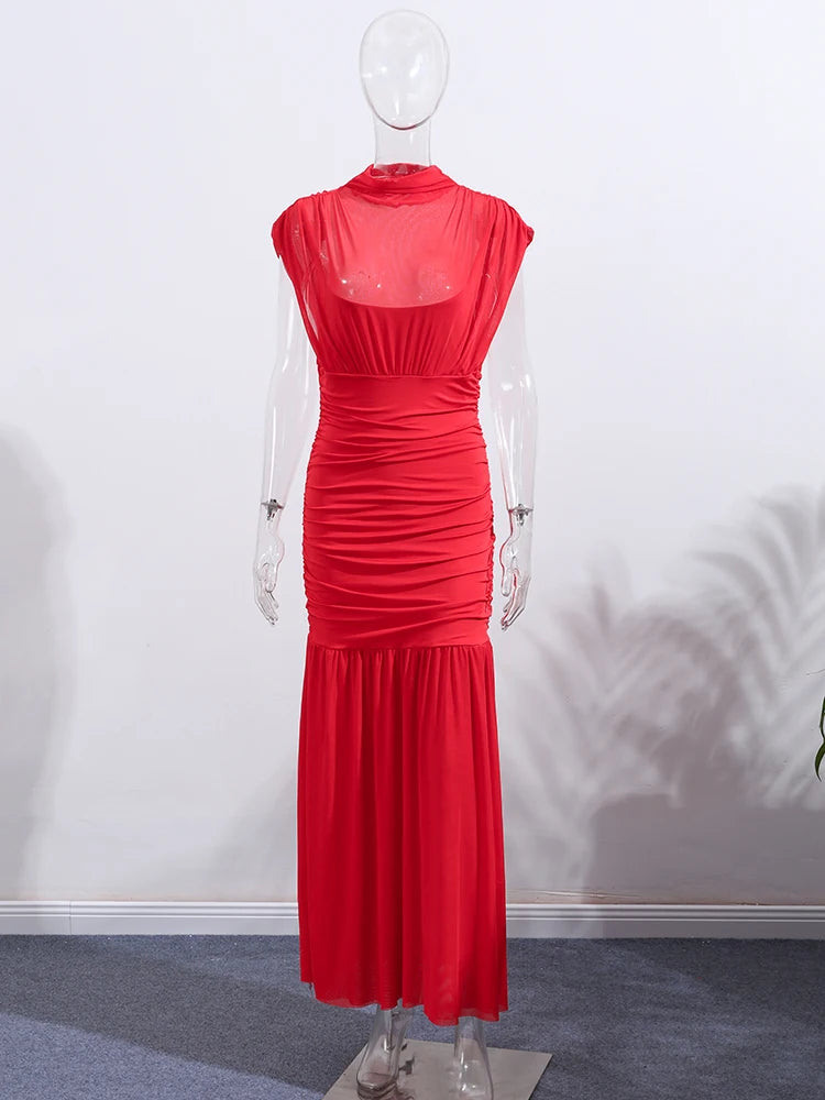 Abito Lungo da Sera Rosso Pieghettato Chic Elegante Abito Lungo Estivo da Donna con Maniche a Volant e Patchwork in Rete per Feste e Vacanze in Spiaggia