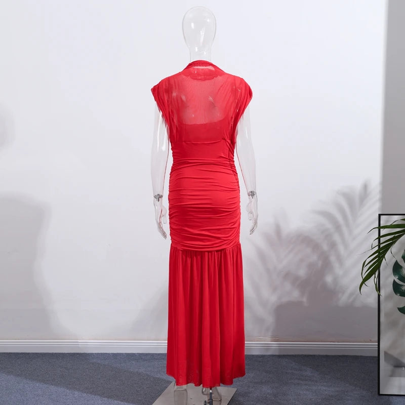 Abito Lungo da Sera Rosso Pieghettato Chic Elegante Abito Lungo Estivo da Donna con Maniche a Volant e Patchwork in Rete per Feste e Vacanze in Spiaggia