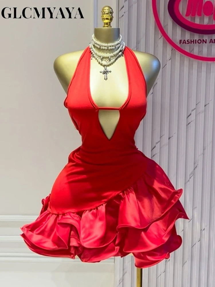 GLCMYAYA Abito estivo da donna senza maniche con scollo all'americana e balze a trapezio, mini-midi da ballo, 2025, per vacanze e feste