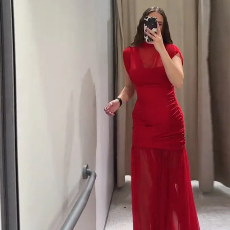 Abito Lungo da Sera Rosso Pieghettato Chic Elegante Abito Lungo Estivo da Donna con Maniche a Volant e Patchwork in Rete per Feste e Vacanze in Spiaggia