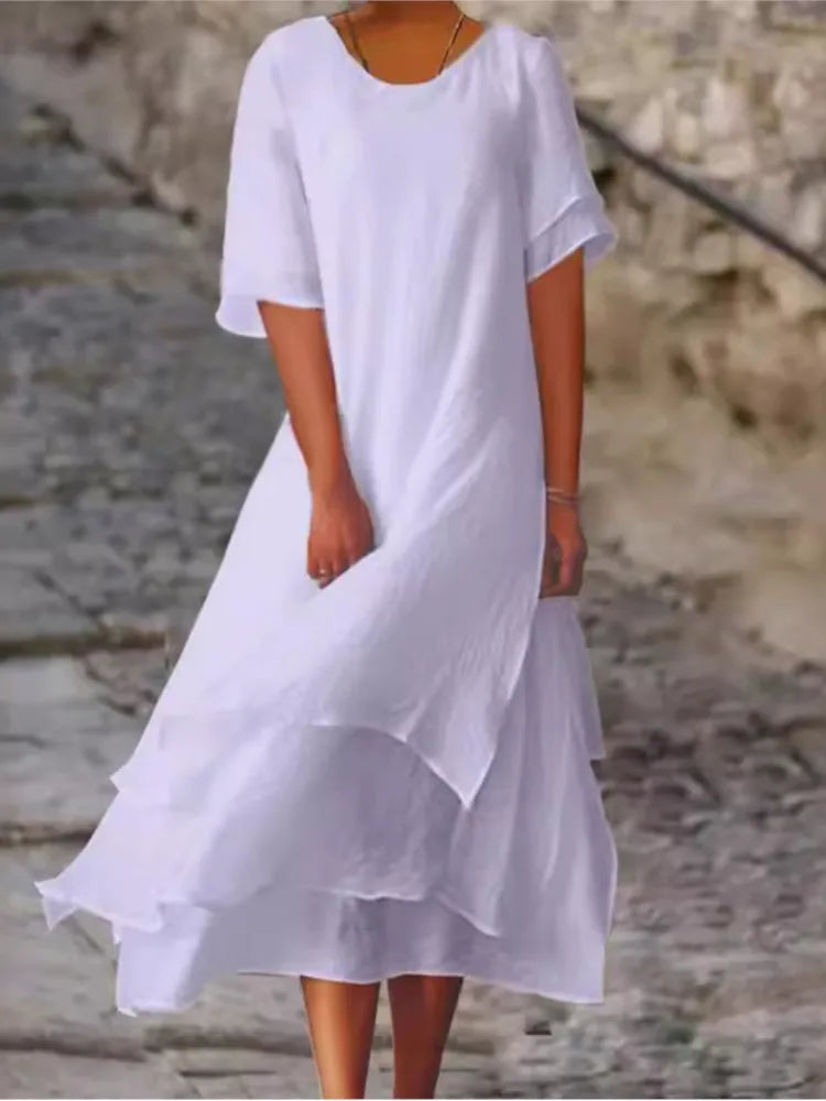 Frühling Sommer Mode Weißes langes unregelmäßiges Kleid für Damen V-Ausschnitt Halbarm Freizeit Urlaub Strandkleider für Damen Robe Femme