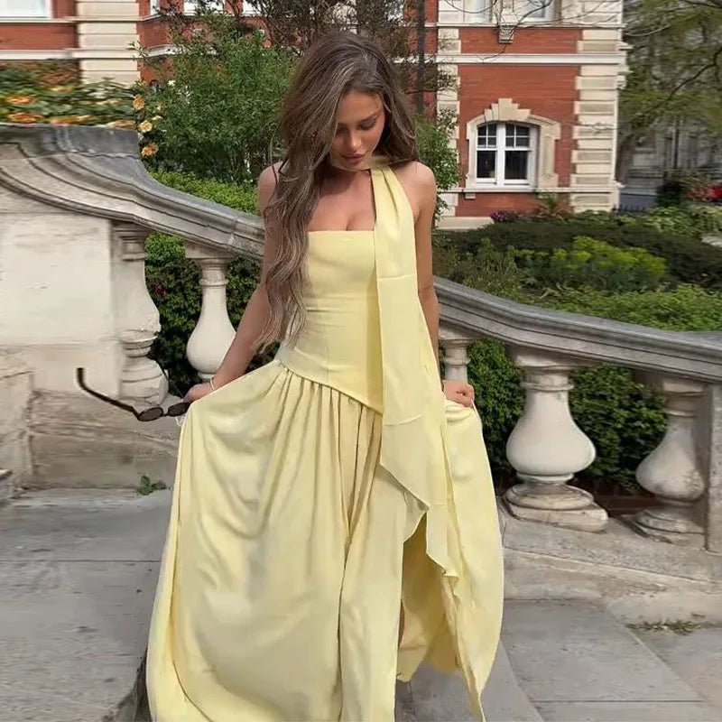 Elegante Abito Lungo con Nastro, Sciarpa Patchwork, Spacco Laterale, Abiti a Tubino per Donna, Top Estivi Gialli da Spiaggia, Abiti da Vacanza per Signora