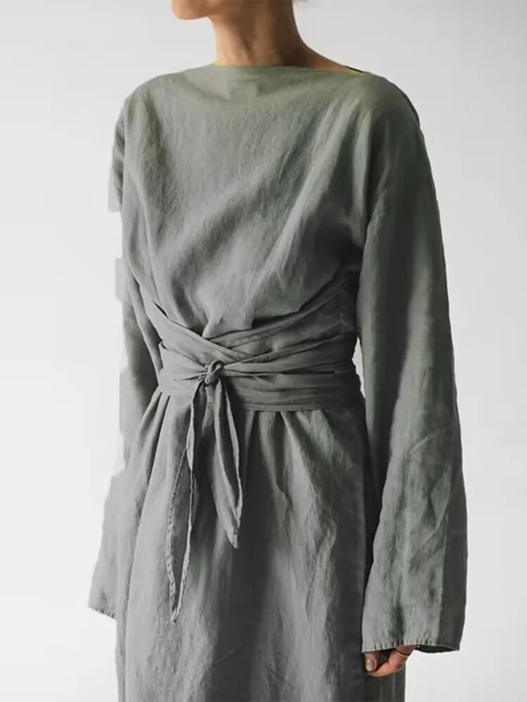 Abito casual da donna in cotone e lino tinta unita Abito lungo elegante a maniche lunghe con lacci Primavera Abito semplice da donna Harajuku