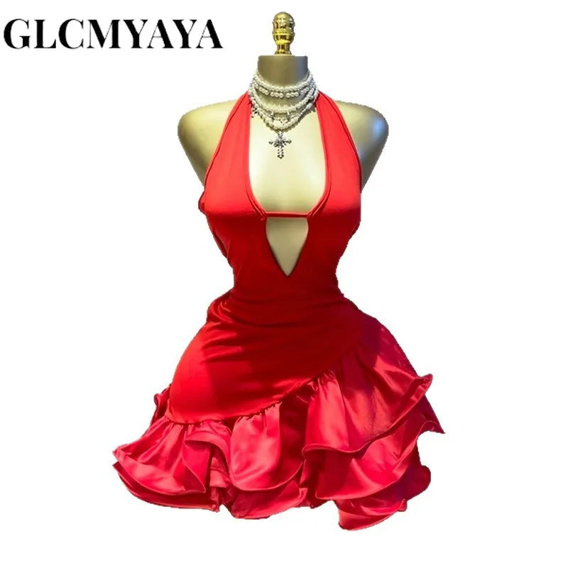 GLCMYAYA Abito estivo da donna senza maniche con scollo all'americana e balze a trapezio, mini-midi da ballo, 2025, per vacanze e feste