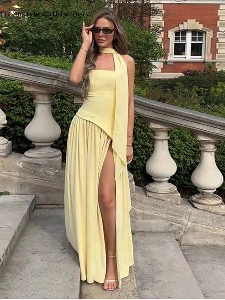 Elegante Abito Lungo con Nastro, Sciarpa Patchwork, Spacco Laterale, Abiti a Tubino per Donna, Top Estivi Gialli da Spiaggia, Abiti da Vacanza per Signora