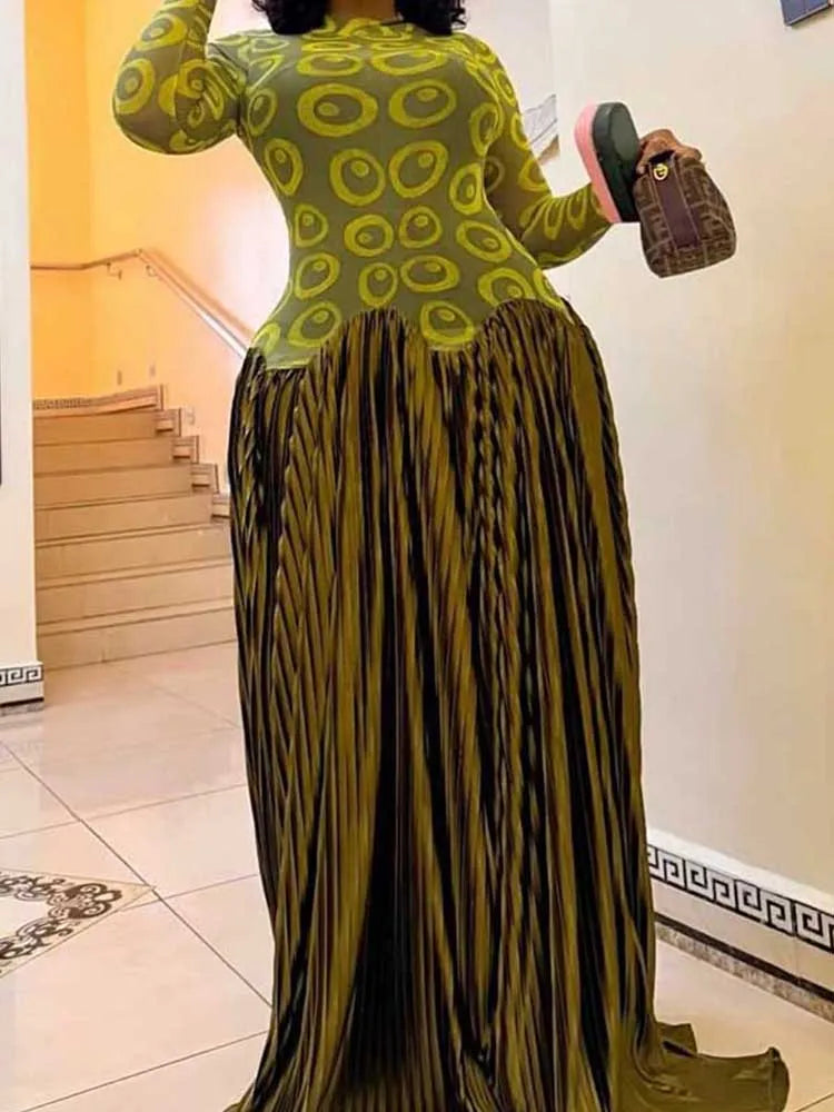 Eleganti Abiti Verde Oliva a Vita Alta Abito Lungo a Maniche Lunghe da Donna per Feste Serate Abito Plissettato in Tessuto Elasticizzato