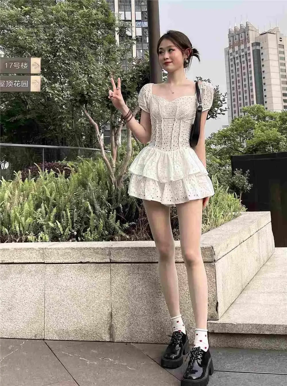 Damenkleider Quadratischer Kragen Hohl Rüschen Mädchen Kurze Culottes Vestido De Mujer Femme Robe