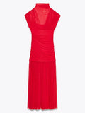 Abito Lungo da Sera Rosso Pieghettato Chic Elegante Abito Lungo Estivo da Donna con Maniche a Volant e Patchwork in Rete per Feste e Vacanze in Spiaggia