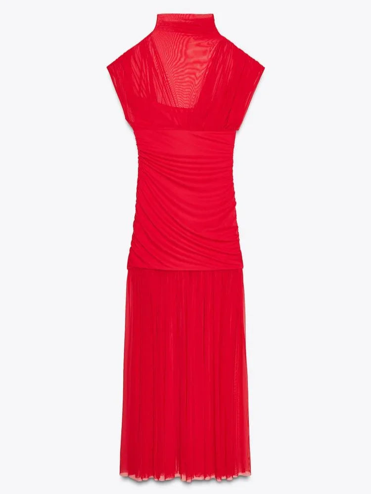 Abito Lungo da Sera Rosso Pieghettato Chic Elegante Abito Lungo Estivo da Donna con Maniche a Volant e Patchwork in Rete per Feste e Vacanze in Spiaggia