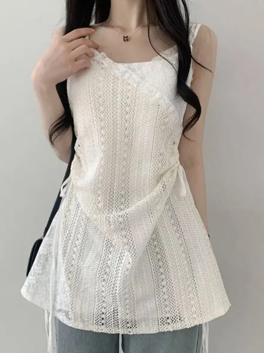 Hot Girl Coreano Stile Coulisse Vita Pizzo Corto Abiti con Bretelle + Top Sottoveste Sottogiacca Bianco Due Pezzi