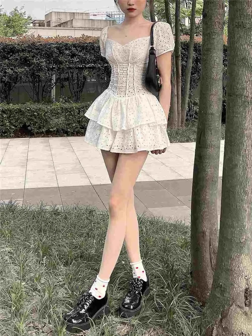 Damenkleider Quadratischer Kragen Hohl Rüschen Mädchen Kurze Culottes Vestido De Mujer Femme Robe