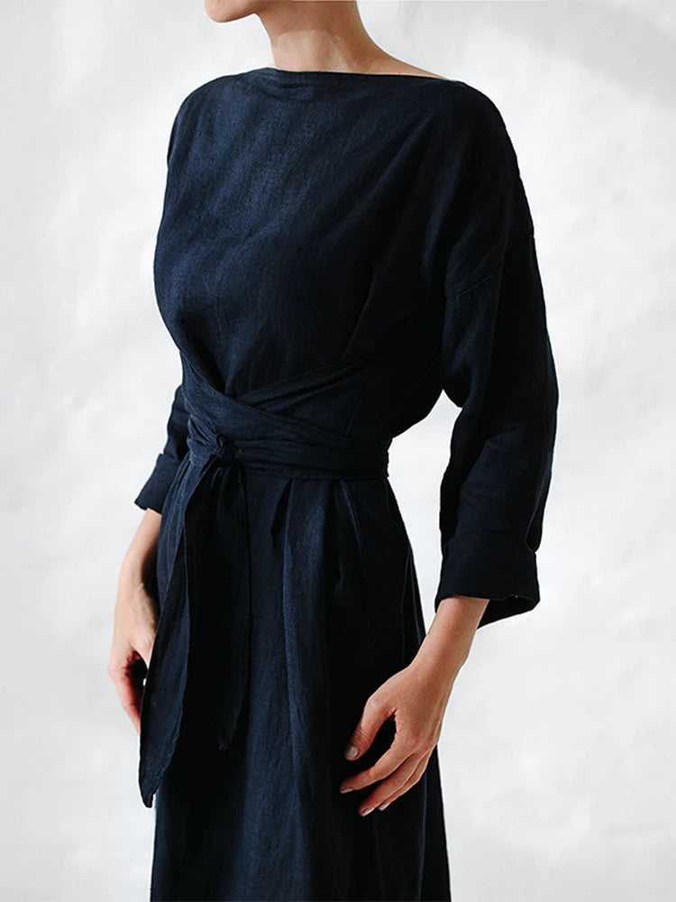 Damen Freizeitkleid Einfarbig Baumwolle Leinen Mode Schnürung Langarm Maxikleider Frühling Damen Elegant Schlichtes Kleid Mujer Harajuku