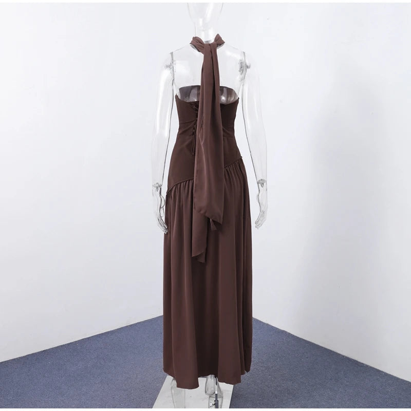 Elegante Abito Lungo con Nastro, Sciarpa Patchwork, Spacco Laterale, Abiti a Tubino per Donna, Top Estivi Gialli da Spiaggia, Abiti da Vacanza per Signora