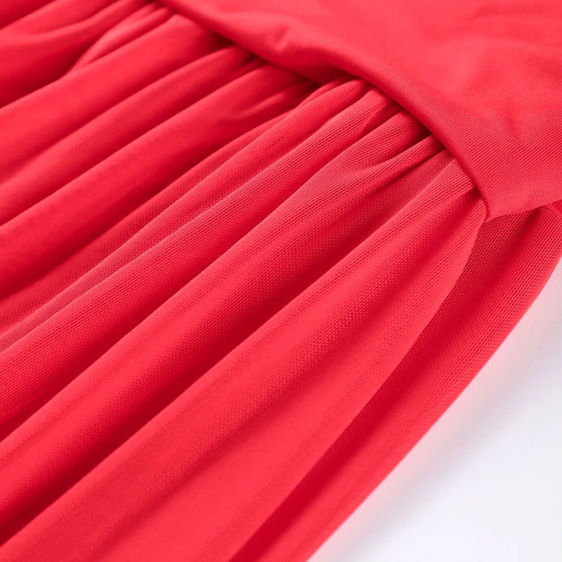 Abito Lungo da Sera Rosso Pieghettato Chic Elegante Abito Lungo Estivo da Donna con Maniche a Volant e Patchwork in Rete per Feste e Vacanze in Spiaggia