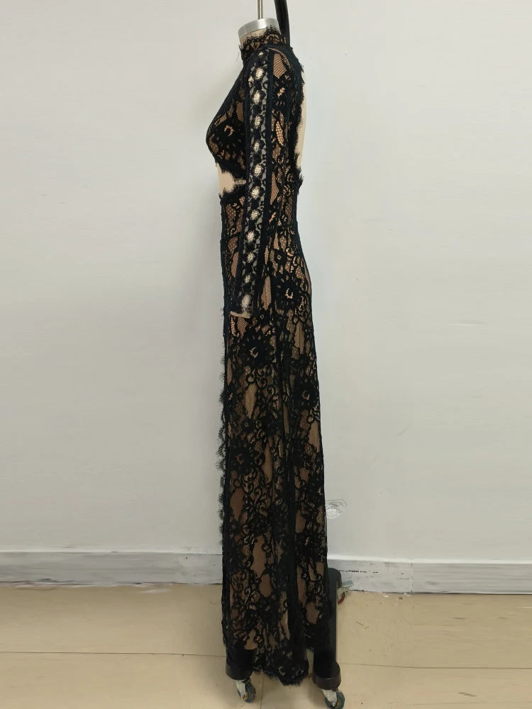 Sexy Langarm Spitze Hohles Design Langes Kleid Damen Schwarz O-Ausschnitt Cut-Out Schlitz Slim Kleider Abendparty Cocktailkleider
