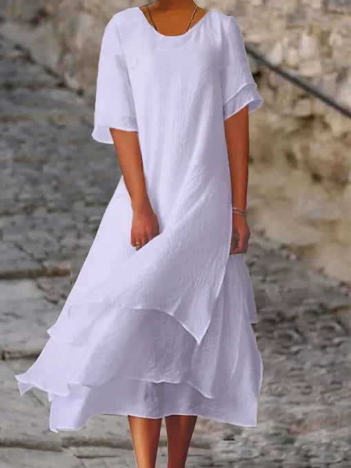 Abito lungo da donna bianco primaverile estivo irregolare scollo a V mezza manica, abiti casual da spiaggia per le vacanze da donna Robe Femme