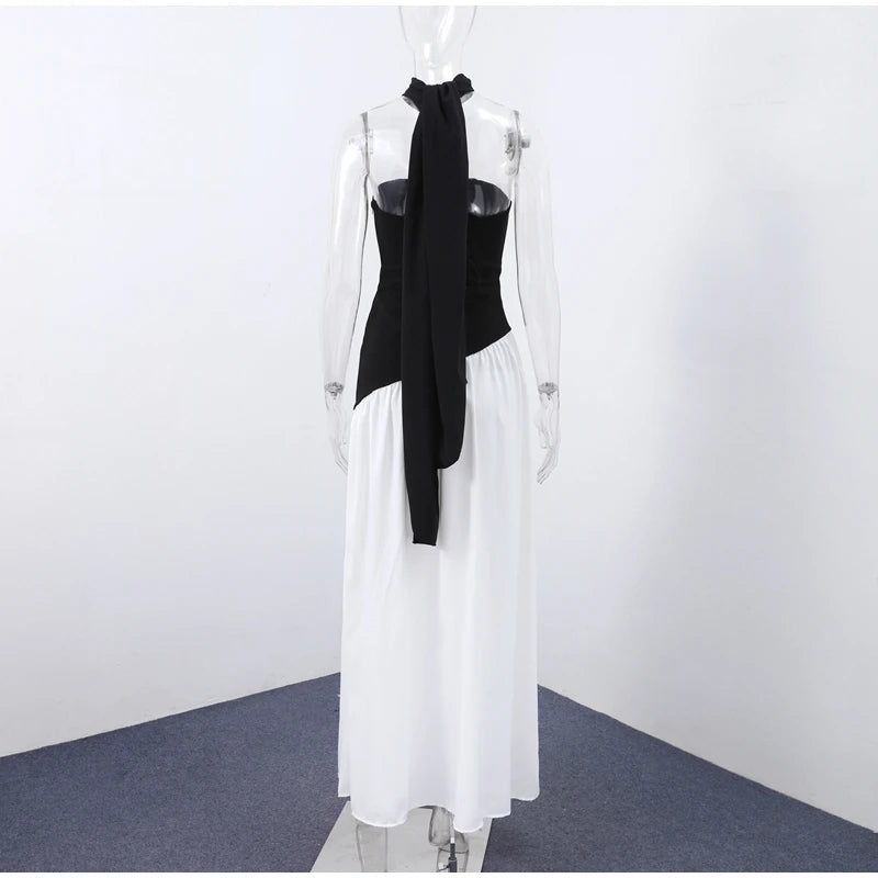 Elegante Abito Lungo con Nastro, Sciarpa Patchwork, Spacco Laterale, Abiti a Tubino per Donna, Top Estivi Gialli da Spiaggia, Abiti da Vacanza per Signora