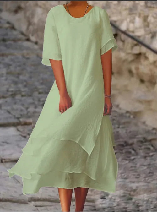 Frühling Sommer Mode Weißes langes unregelmäßiges Kleid für Damen V-Ausschnitt Halbarm Freizeit Urlaub Strandkleider für Damen Robe Femme