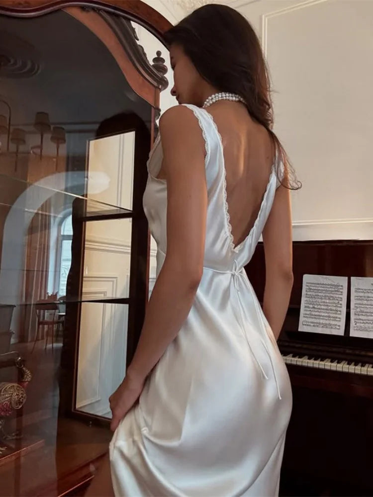 Ahagaga Abiti eleganti da donna in raso a tinta unita con scollo a V profondo, allacciatura, patchwork, abito da festa casual aderente, vestiti da donna