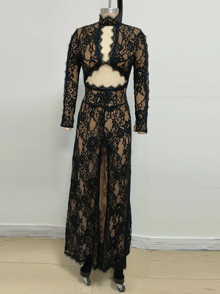 Sexy Langarm Spitze Hohles Design Langes Kleid Damen Schwarz O-Ausschnitt Cut-Out Schlitz Slim Kleider Abendparty Cocktailkleider