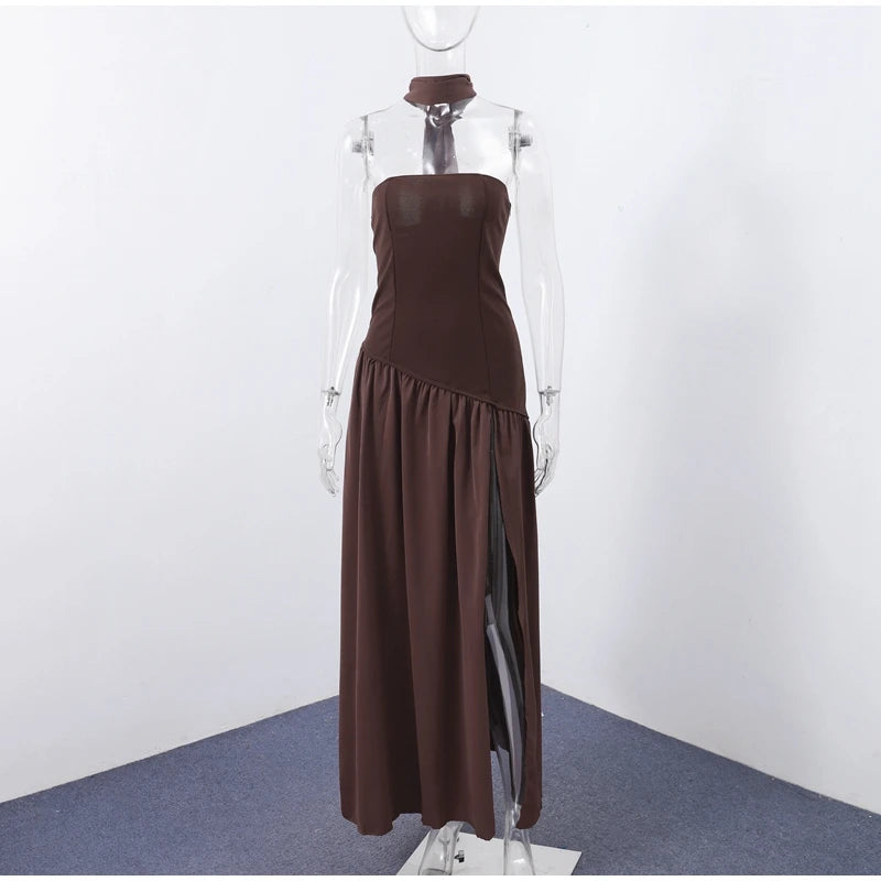 Elegante Abito Lungo con Nastro, Sciarpa Patchwork, Spacco Laterale, Abiti a Tubino per Donna, Top Estivi Gialli da Spiaggia, Abiti da Vacanza per Signora