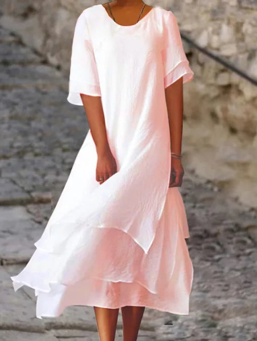 Abito lungo da donna bianco primaverile estivo irregolare scollo a V mezza manica, abiti casual da spiaggia per le vacanze da donna Robe Femme