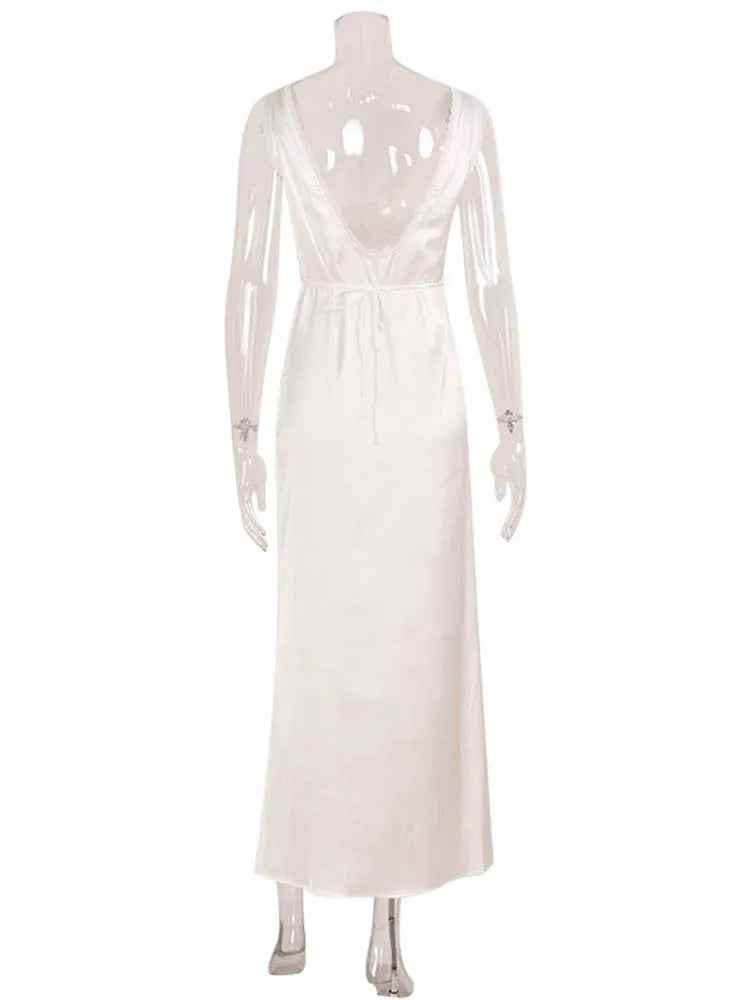 Ahagaga Abiti eleganti da donna in raso a tinta unita con scollo a V profondo, allacciatura, patchwork, abito da festa casual aderente, vestiti da donna
