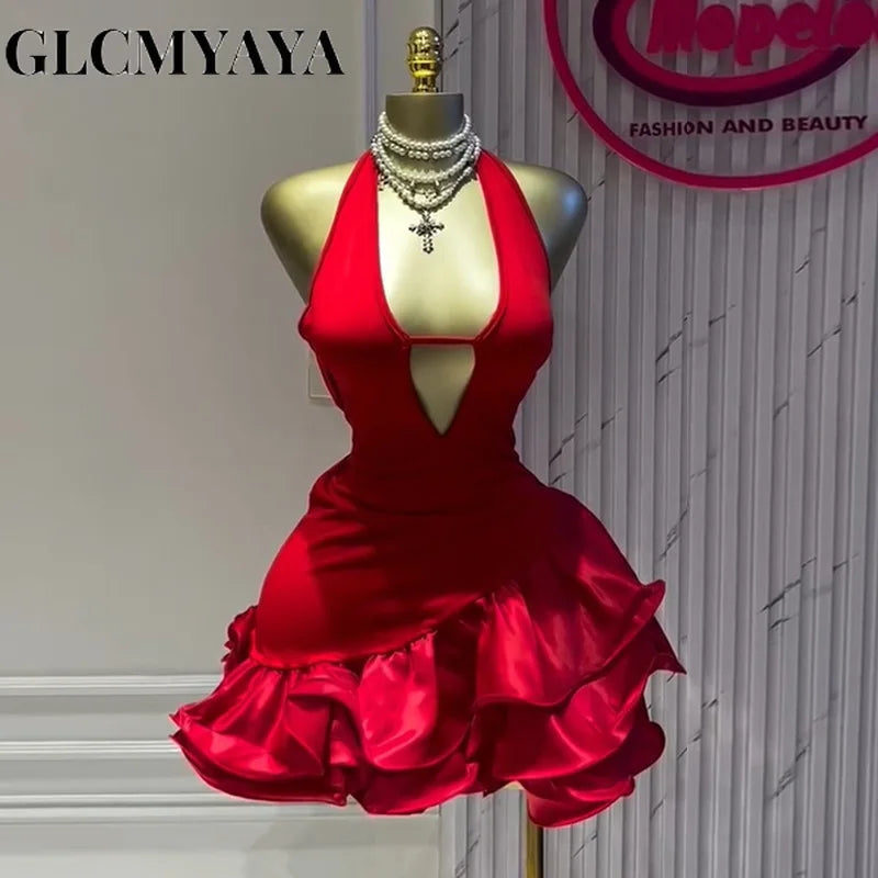 GLCMYAYA Abito estivo da donna senza maniche con scollo all'americana e balze a trapezio, mini-midi da ballo, 2025, per vacanze e feste