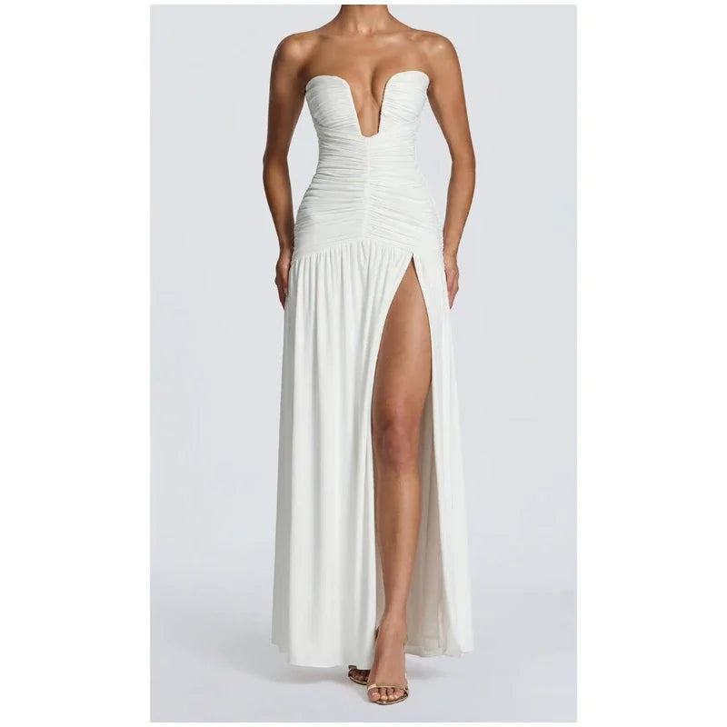 Elegantes, unifarbenes, plissiertes, schmales langes Kleid Damen Ärmellos schulterfrei V-Ausschnitt hoher Schlitz Satin Kleider 2026 Damen Dinnerparty Abendkleid